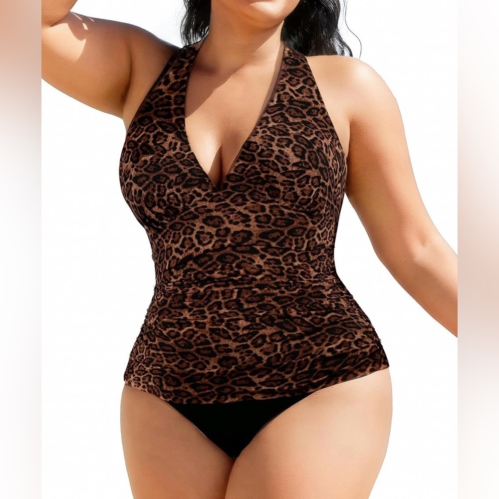 Popilush Leopard Print V Neck Halter Tummy Control One Piece Swimsuit Size Small